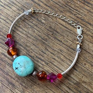 1970’s Vintage Sterling and Turquoise Bracelet🦋W/beads of purple, amber, red
